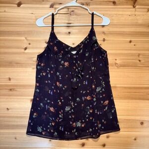 Cabi Tank Top Women Small Purple Pinstripe Floral Print Ruffle VNeck Sheer Lined